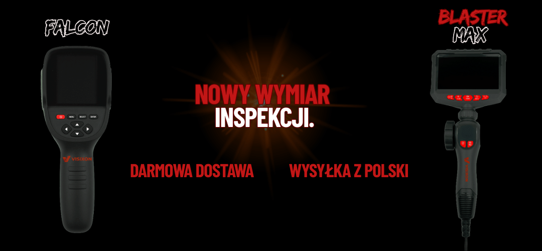 Baner przedstawiający kamerę termowizyjną visixon falcon oraz kamerę inspekcyjną visixon blaster max, jako nowy wymiar inspekcji. 