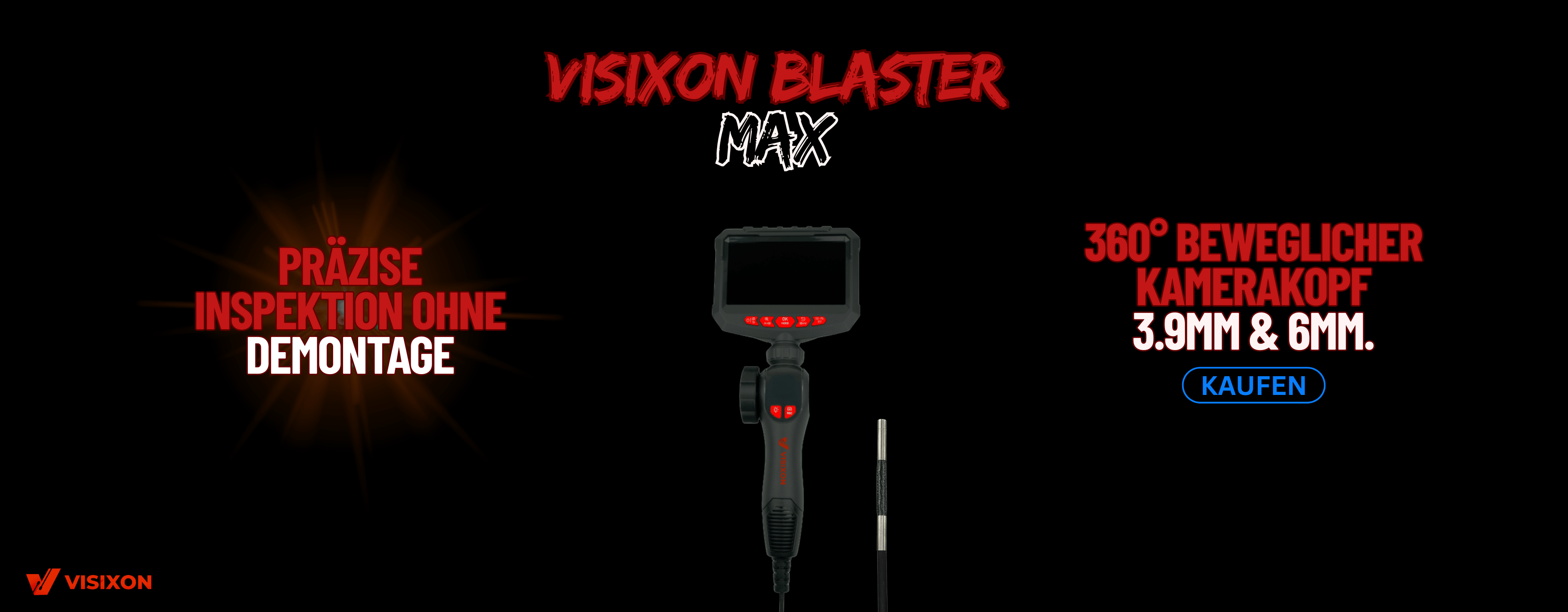 Visixon Blaster Max Inspektionskamera mit 360° beweglichem Kamerakopf, Ø 3,9 mm und 6 mm für Rohrinspektion und schwer zugängliche Bereiche
