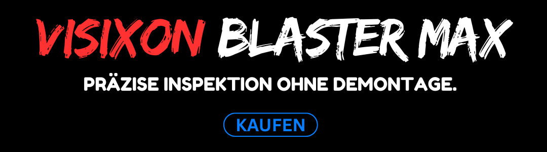 Visixon Blaster Max Inspektionskamera mit 360°-Bewegungskopf – ein Banner, das eine neue Dimension der Inspektion propagiert
